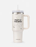 White 40 oz tumbler with straw and handle; silver lid and 'FRUIT OF THE SPIRIT' print