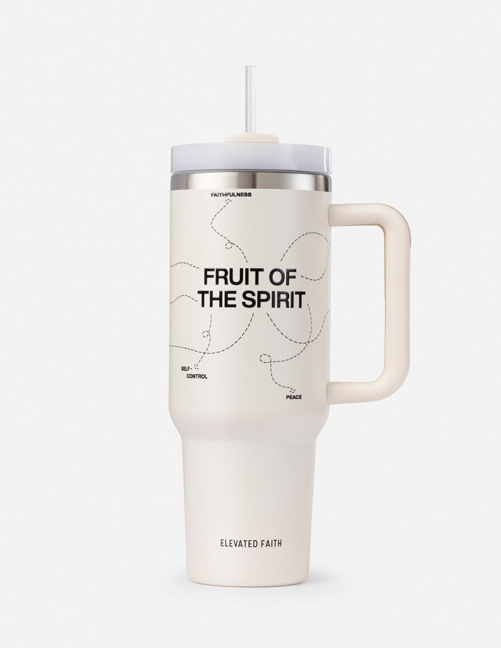 White 40 oz tumbler with straw and handle; silver lid and 'FRUIT OF THE SPIRIT' print