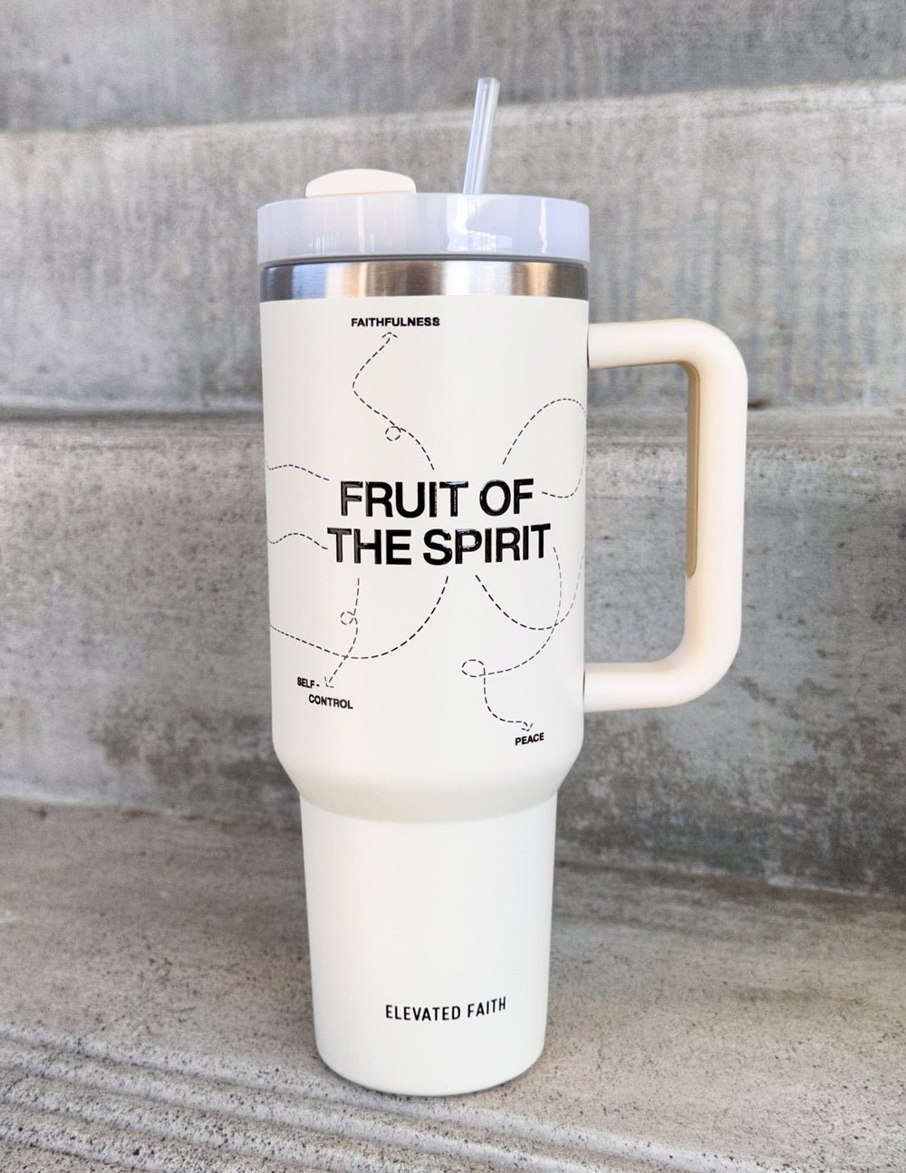 White 40 oz tumbler with handle, straw, and silver lid; 'FRUIT OF THE SPIRIT' print