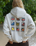 Unisex white hoodie, back view with hood down and colorful square icon grid print