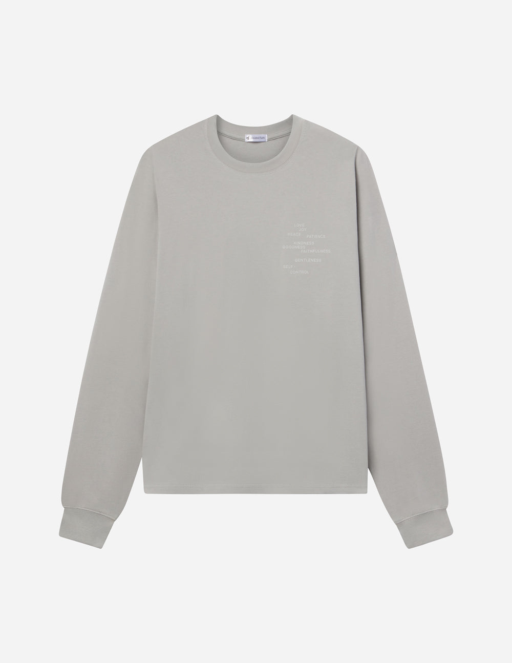 Grey unisex long-sleeve T-shirt, plain front, crew neck with ribbed cuffs and hem.