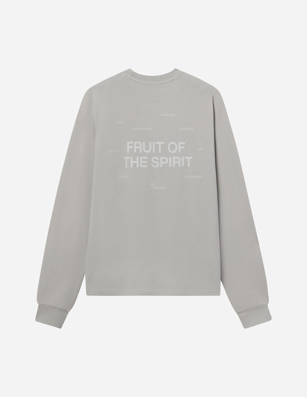 Grey unisex long-sleeve T-shirt with “FRUIT OF THE SPIRIT” front print, crew neck.