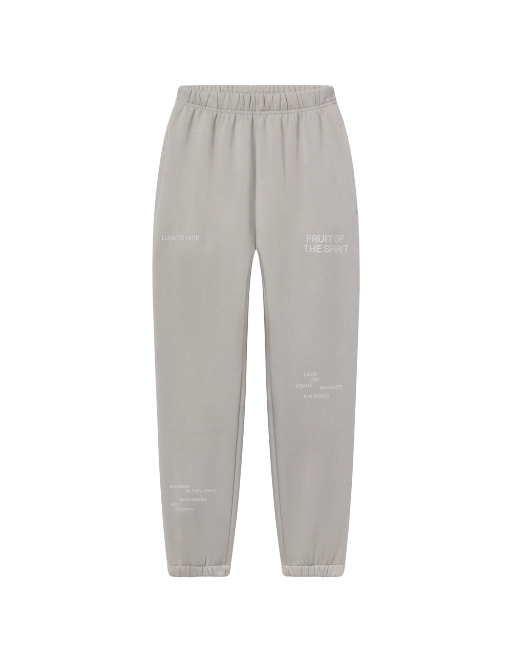 Grey unisex sweatpants flat lay with elastic waistband and cuffed hems
