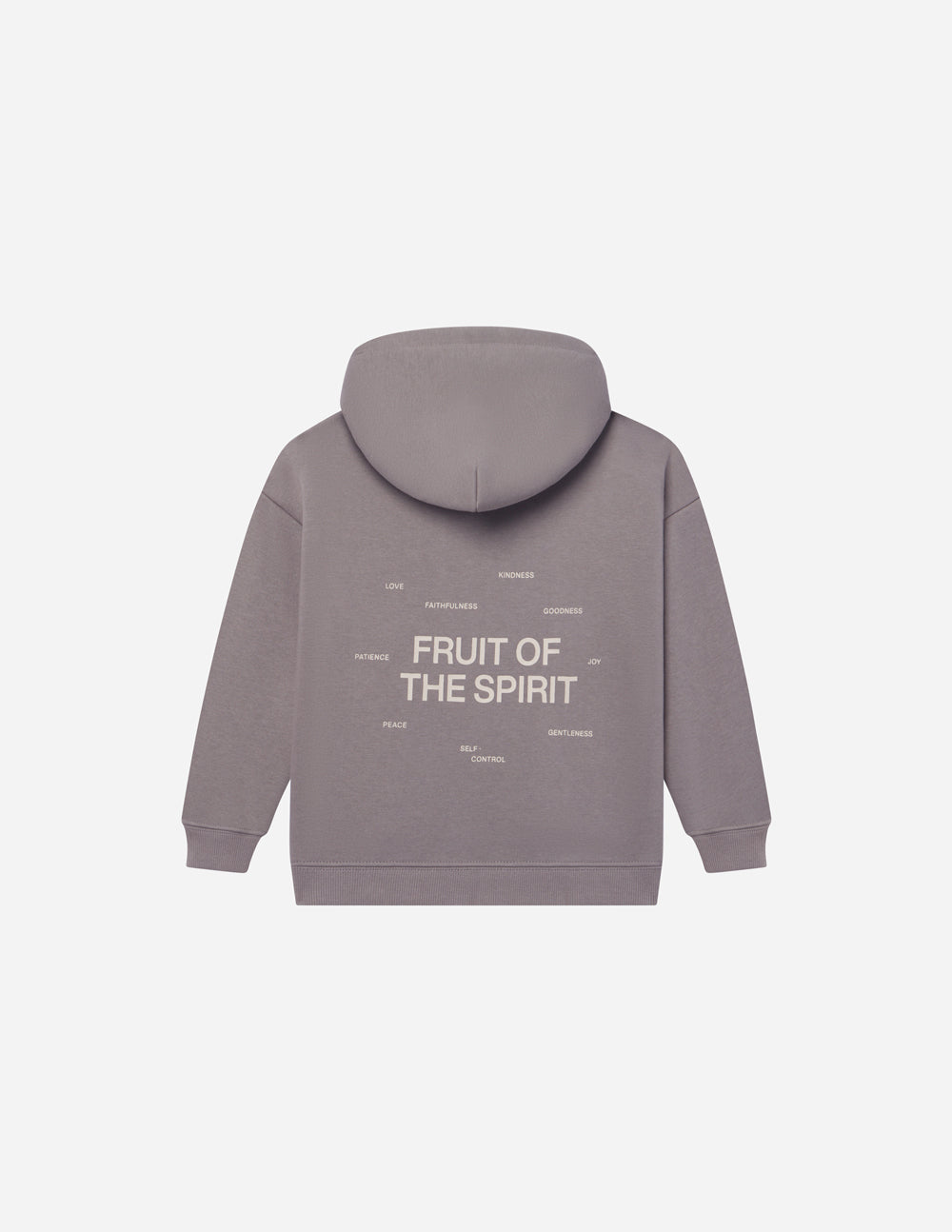 Kids mauve hoodie with back graphic text and kangaroo pocket, pullover hood