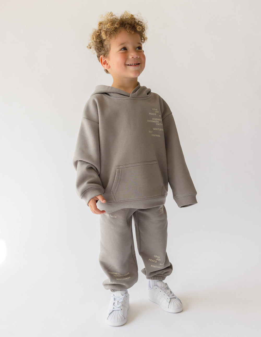 Kids gray hoodie and jogger set, hooded sweatshirt with printed chest graphic