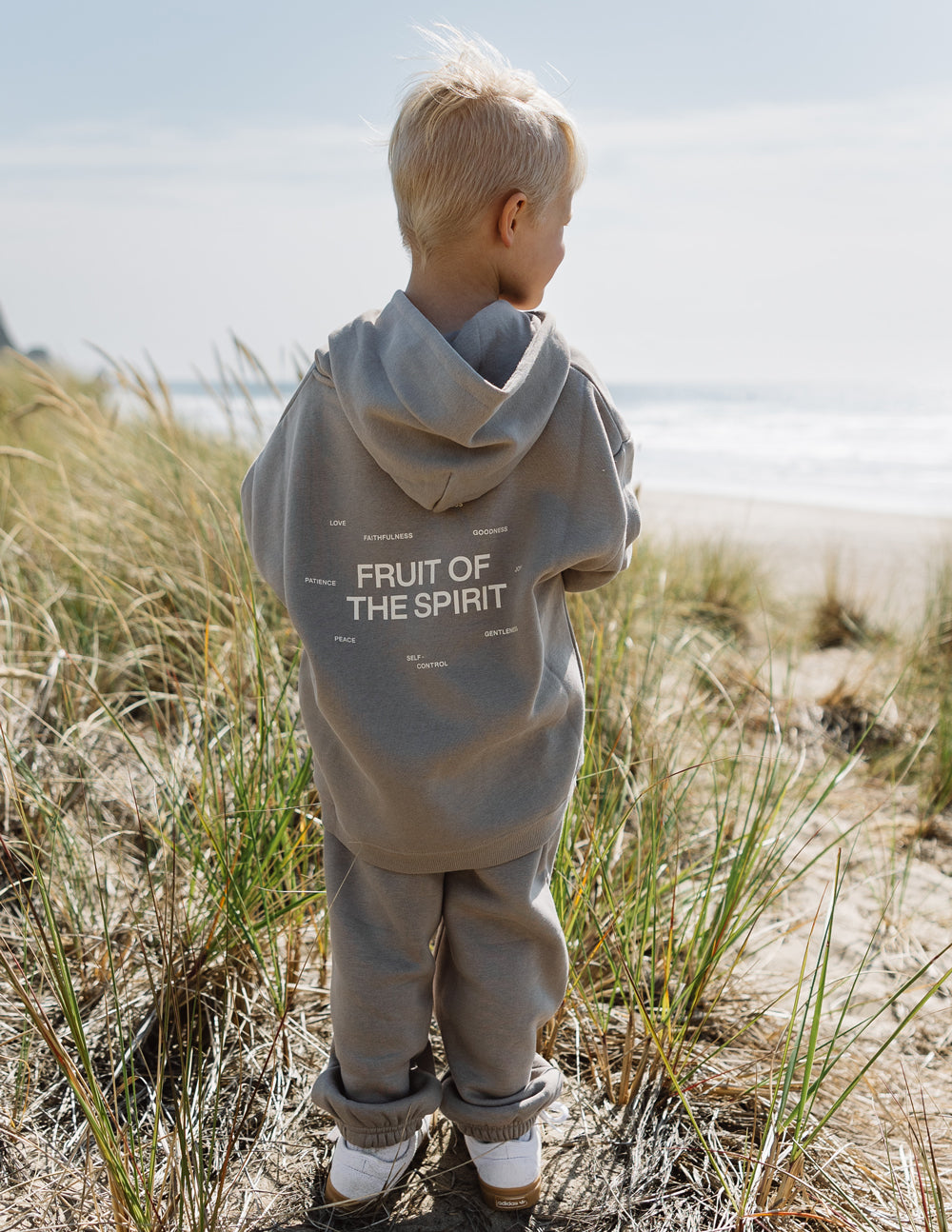 Kids gray hoodie with back graphic text, hood and front pocket, jogger pants