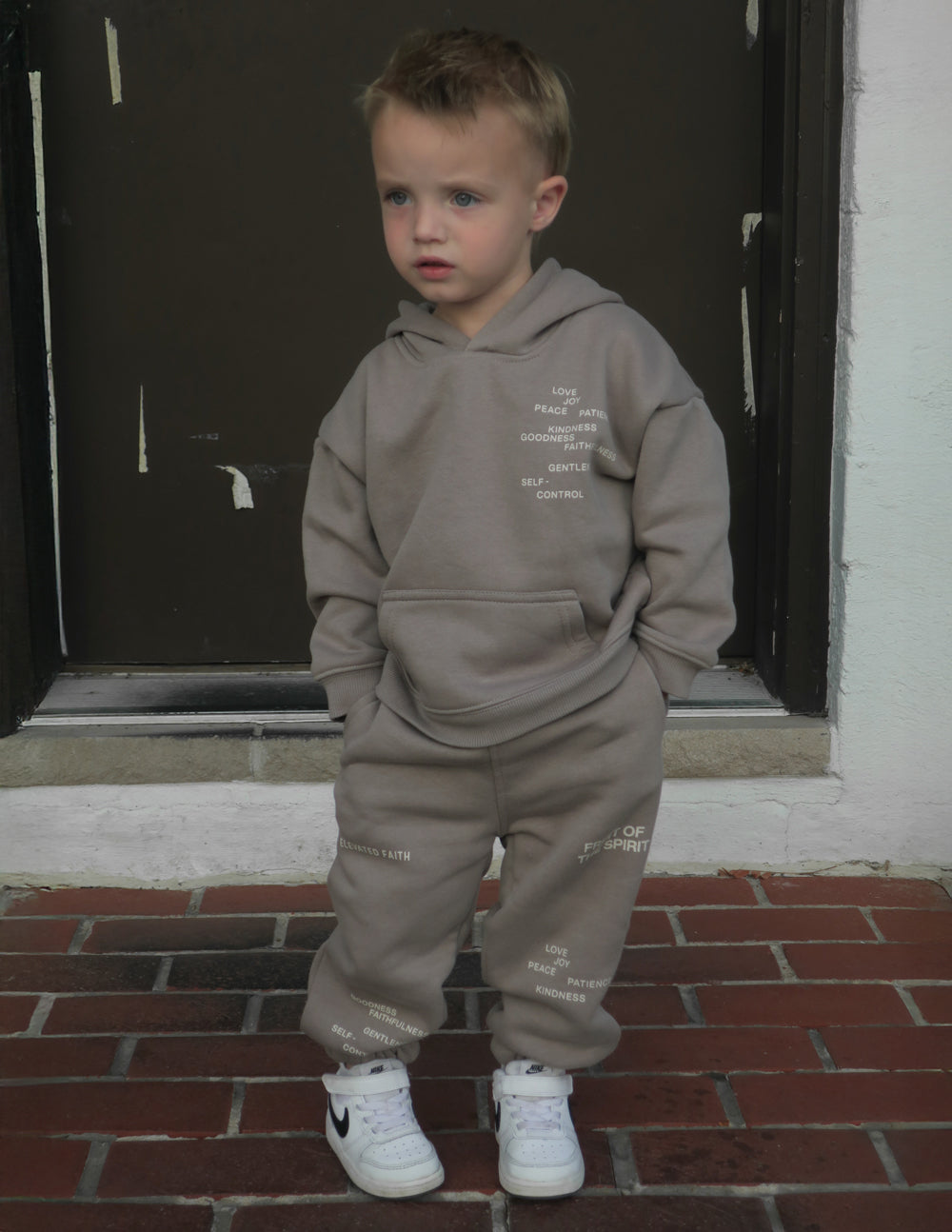 Kids gray hoodie and jogger pants, hooded sweatshirt with small chest graphic