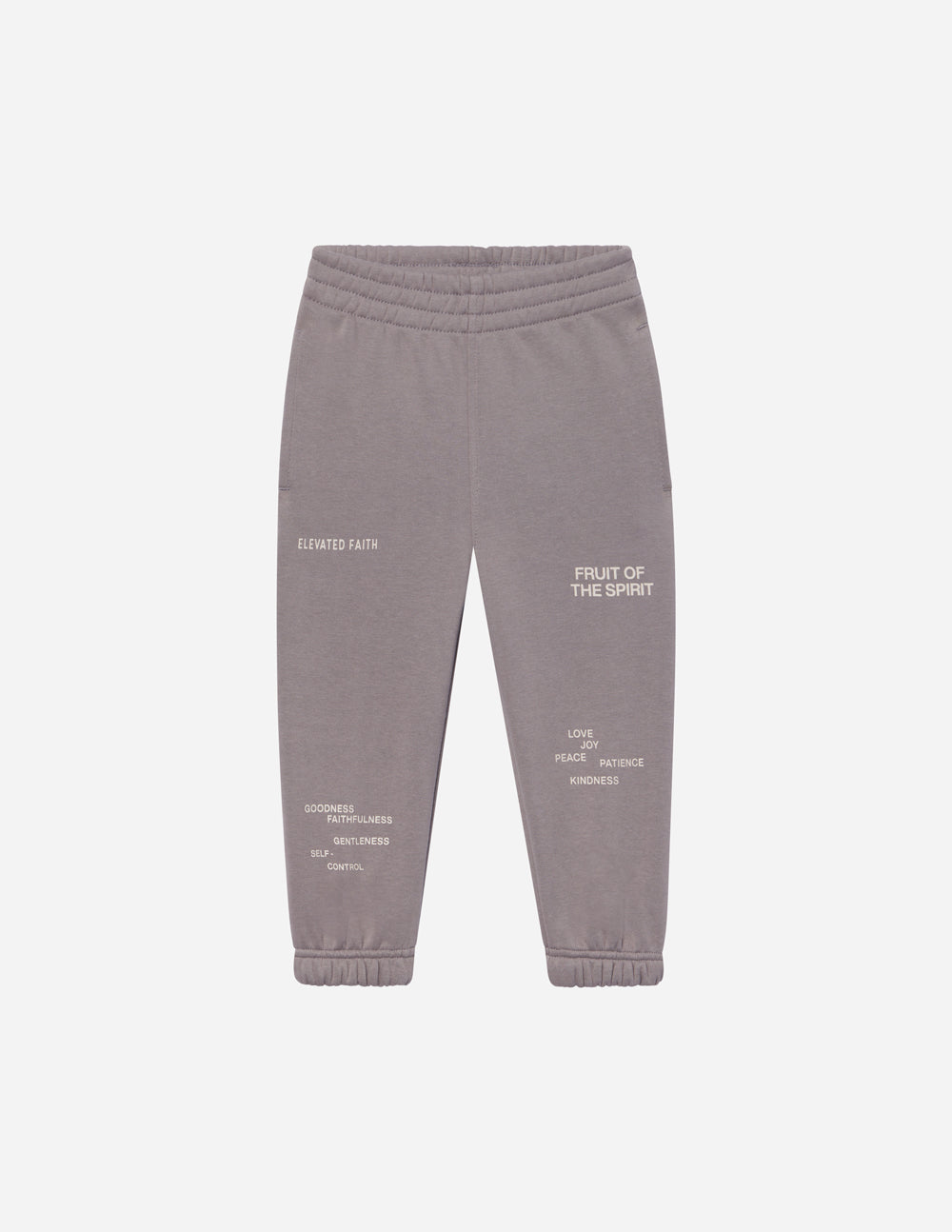 Kids sweatpants flat lay in heather gray with printed virtue word graphic