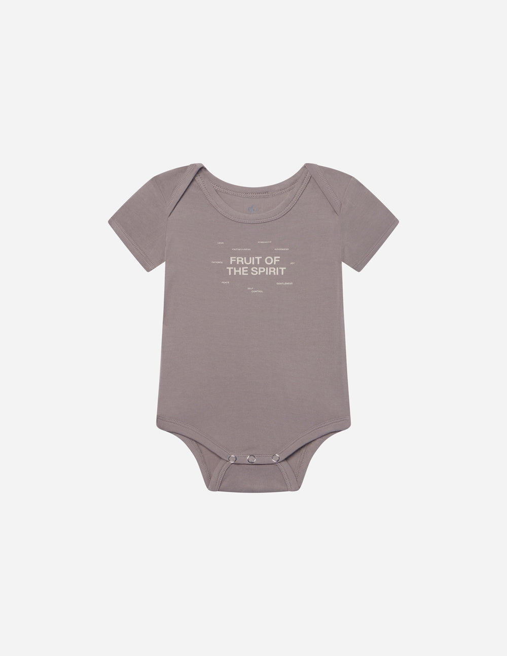 Taupe baby onesie with short sleeves and 'Fruit of the Spirit' print