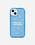 Blue Fruit of the Spirit phone case with clear back and circular icon design