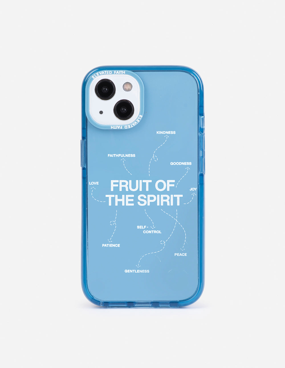 Blue Fruit of the Spirit phone case with clear back and circular icon design