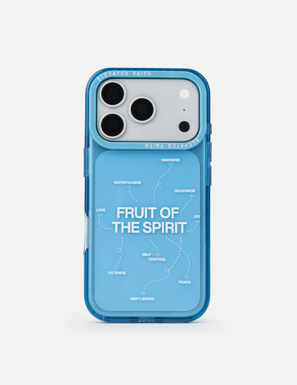 Blue phone case with protective raised rim and 'FRUIT OF THE SPIRIT' slogan
