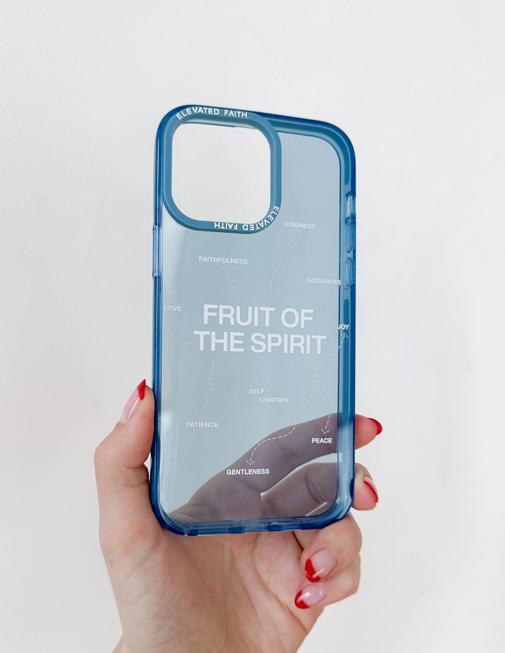 Blue Fruit of the Spirit phone case held upright; clear back with icon map design