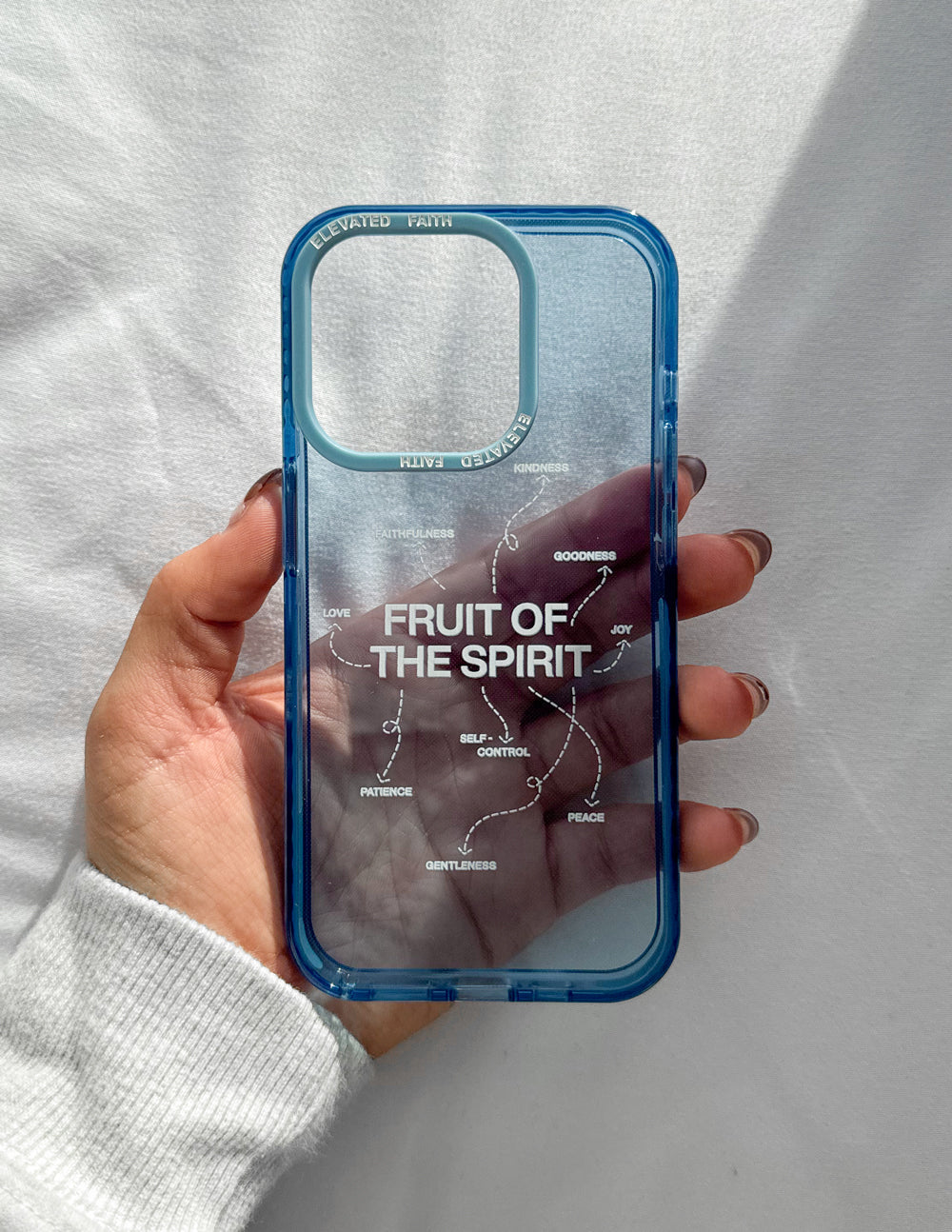Blue Fruit of the Spirit phone case close-up; clear back, camera openings, and dots