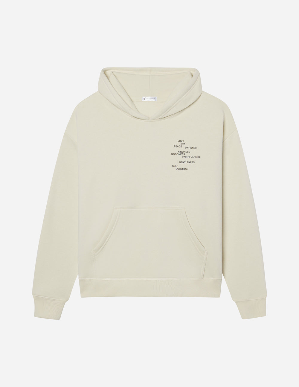 Cream unisex hoodie, front view, pullover with hood and kangaroo pocket