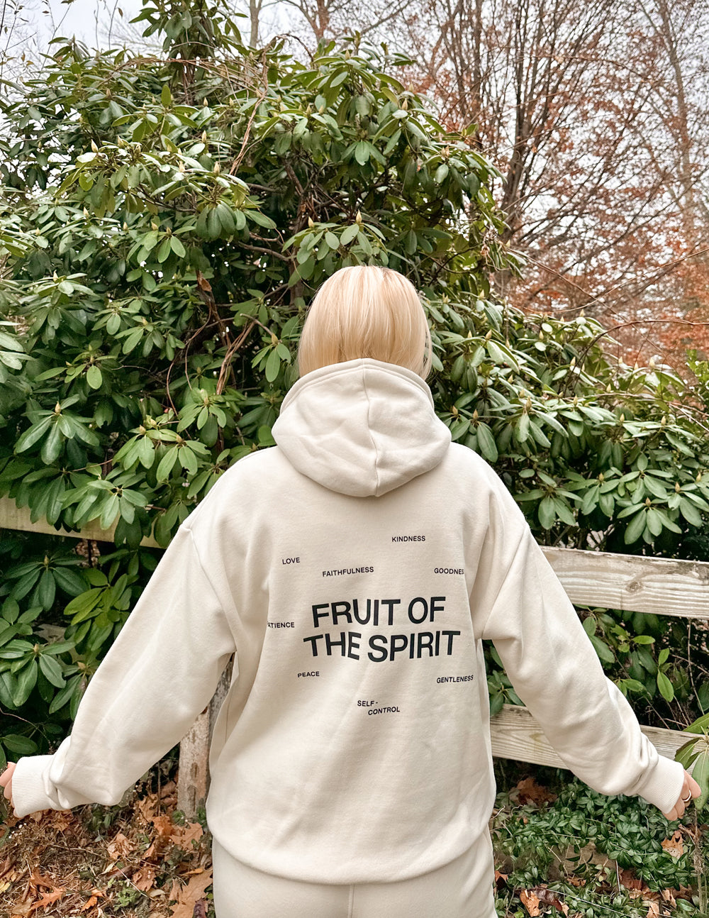 Off-white unisex hoodie with hood and large back print “FRUIT OF THE SPIRIT”