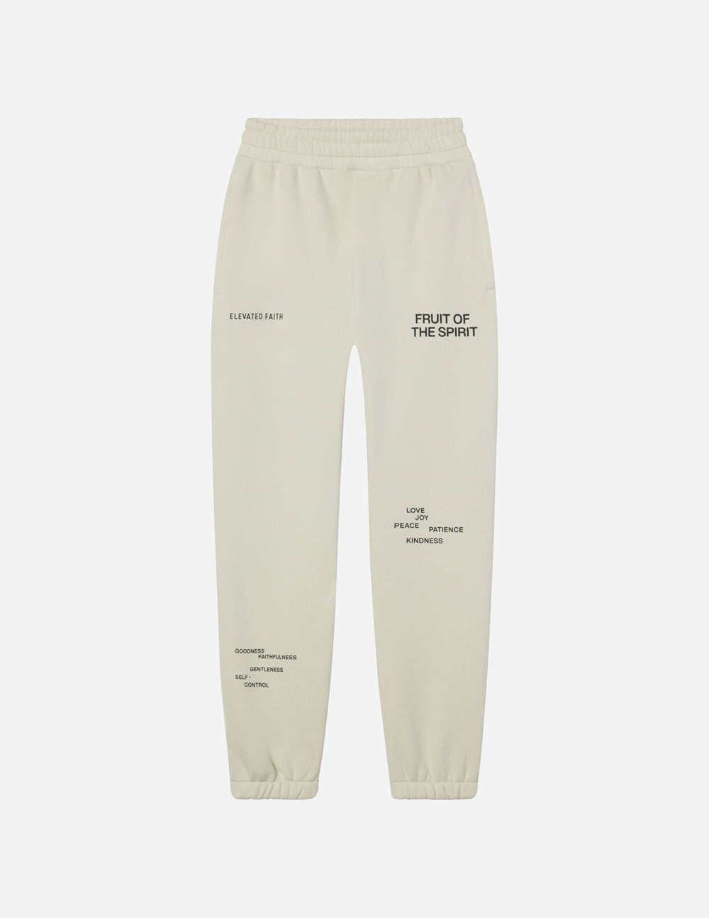 Cream unisex sweatpants flat lay with printed slogans on both legs