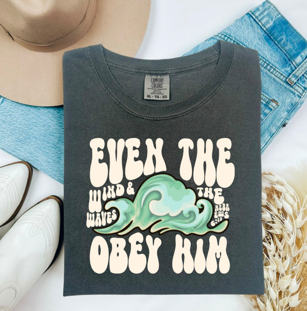 Dark gray graphic T-shirt with 'EVEN THE OBEY HIM' front print