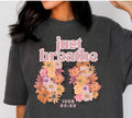 Comfort Colors t-shirt with "just breathe" floral graphic, dark gray