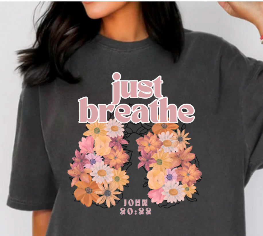 Comfort Colors t-shirt with "just breathe" floral graphic, dark gray