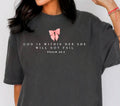 Dark gray women's graphic T-shirt with Psalm 46:5 text and pink bow logo