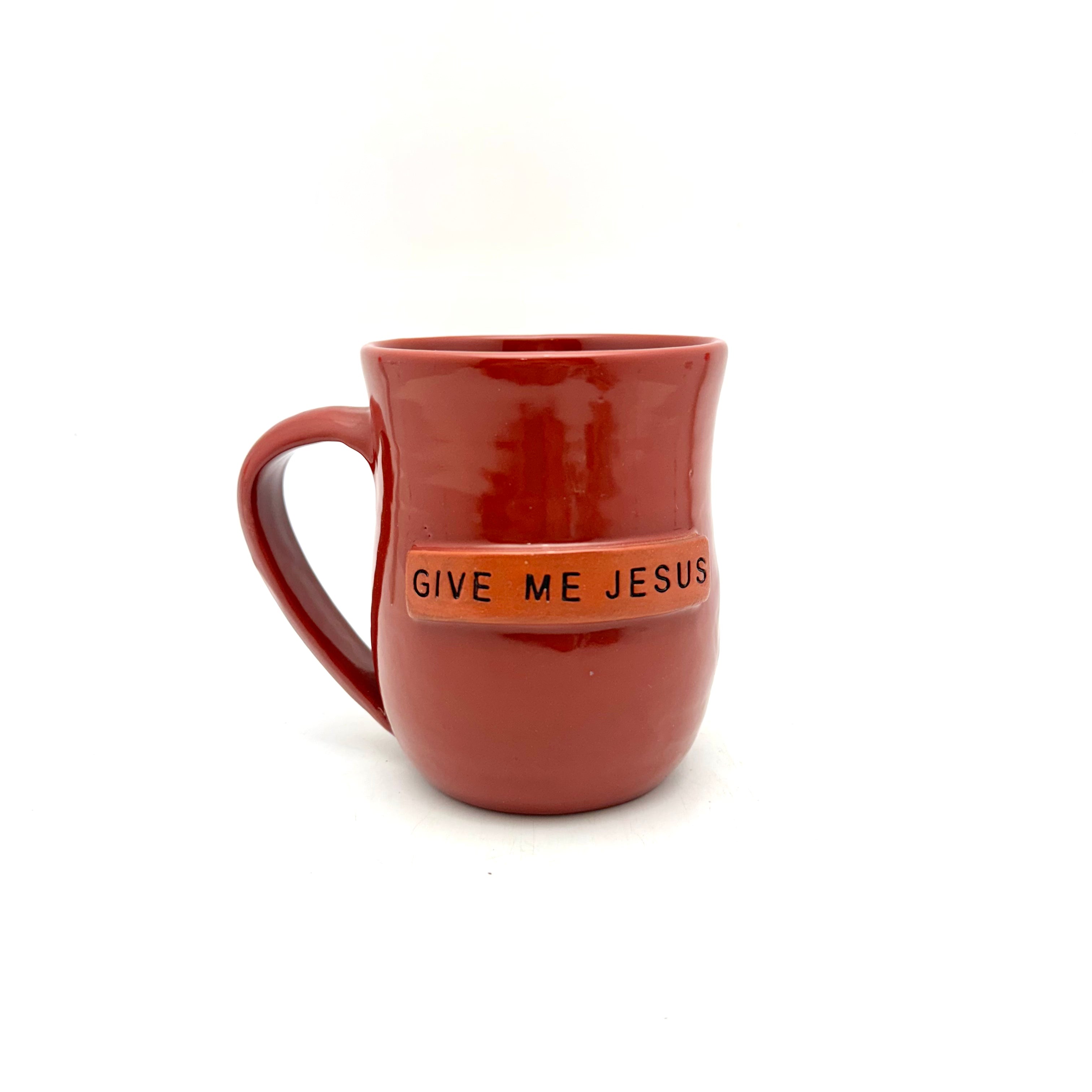 Red ceramic mug with handle, 'GIVE ME JESUS' printed on front