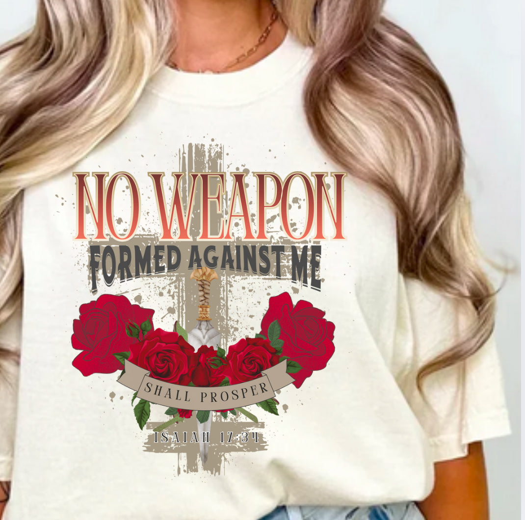 Cream T-shirt with large 'No weapon' text and red roses graphic