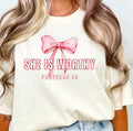 Off-white faith t-shirt with pink bow and She is worthy Proverbs 31 print