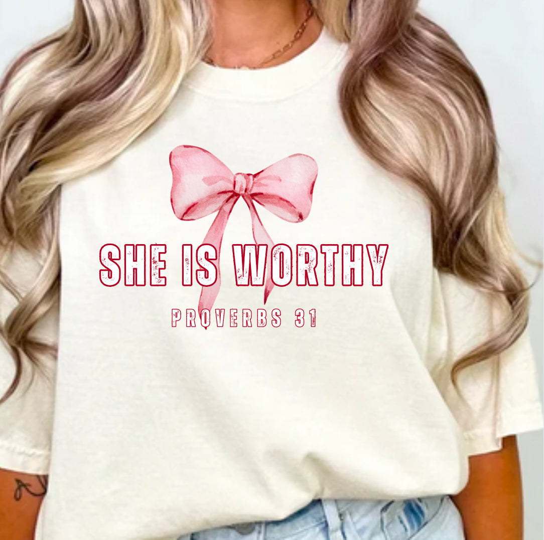 Off-white faith t-shirt with pink bow and She is worthy Proverbs 31 print