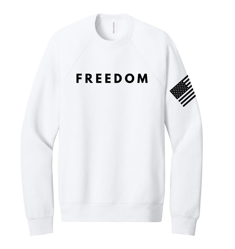 White crewneck sweatshirt with Freedom graphic and U.S. flag sleeve patch