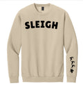 Light tan crewneck sweatshirt with SLEIGH front print, reindeer sleeve graphic