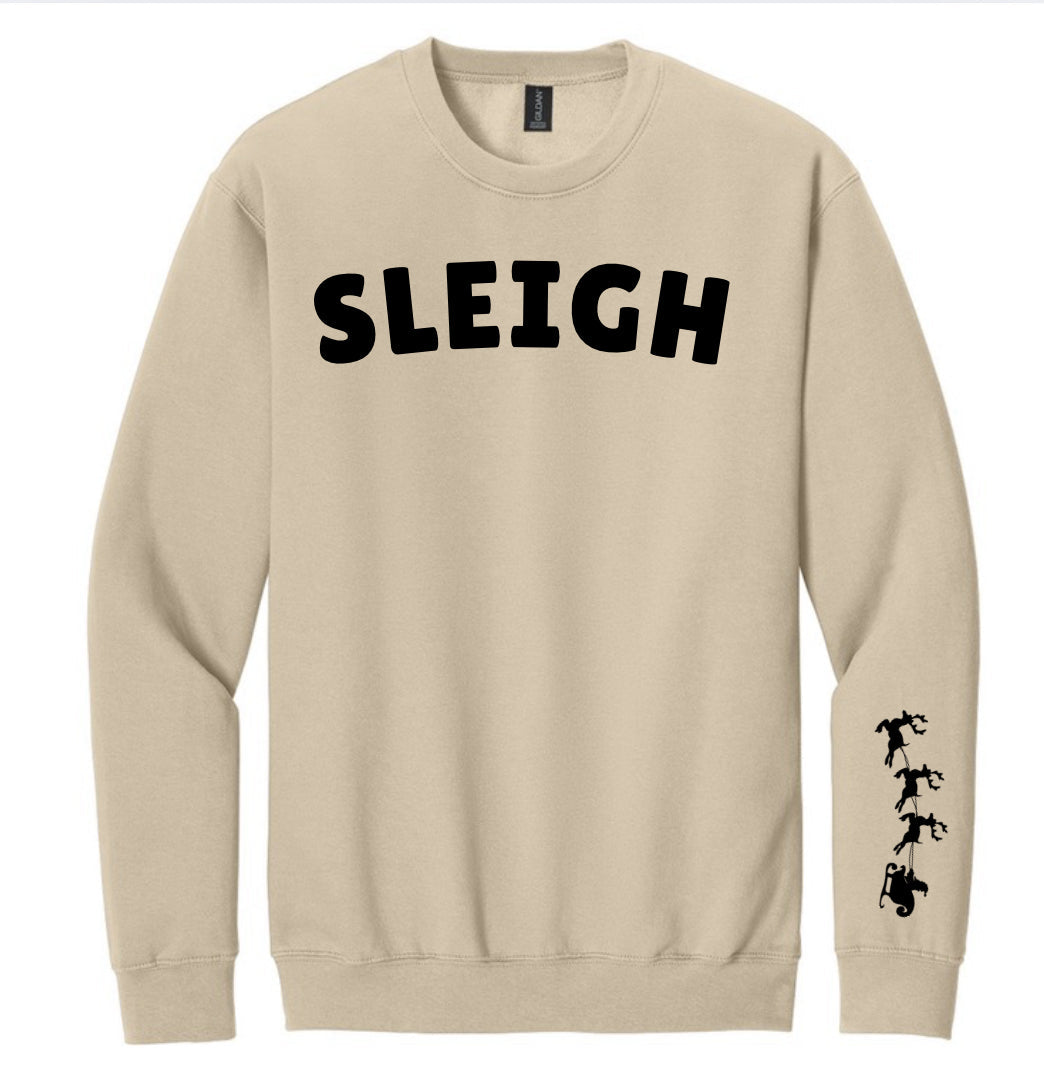 Light tan crewneck sweatshirt with SLEIGH front print, reindeer sleeve graphic