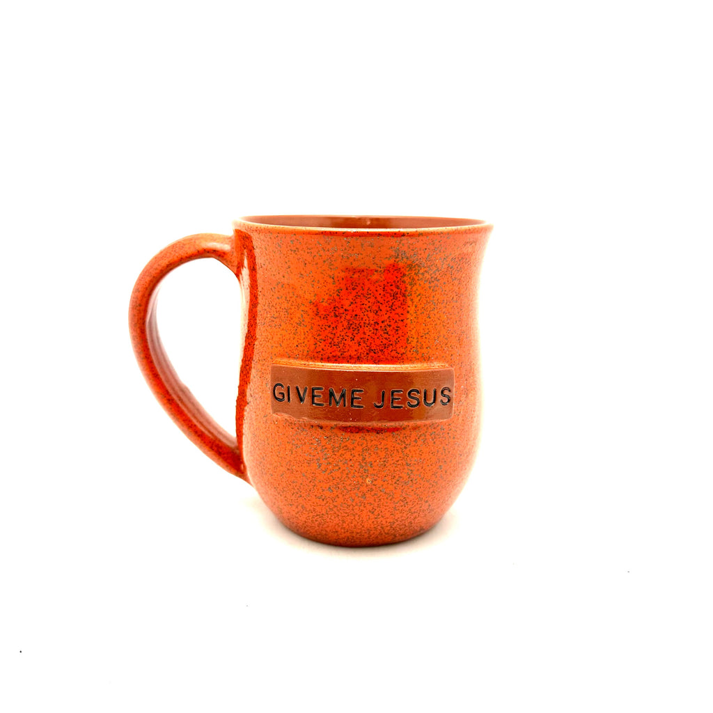 Glitter orange ceramic mug with handle, 'GIVE ME JESUS' printed on front