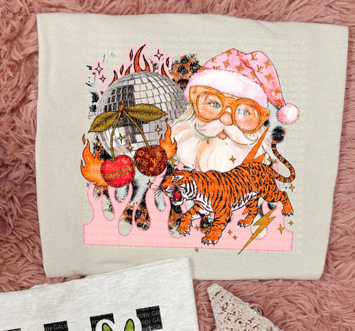 Santa collage shirt with tiger, cherry, and festive Santa graphic, multicolor