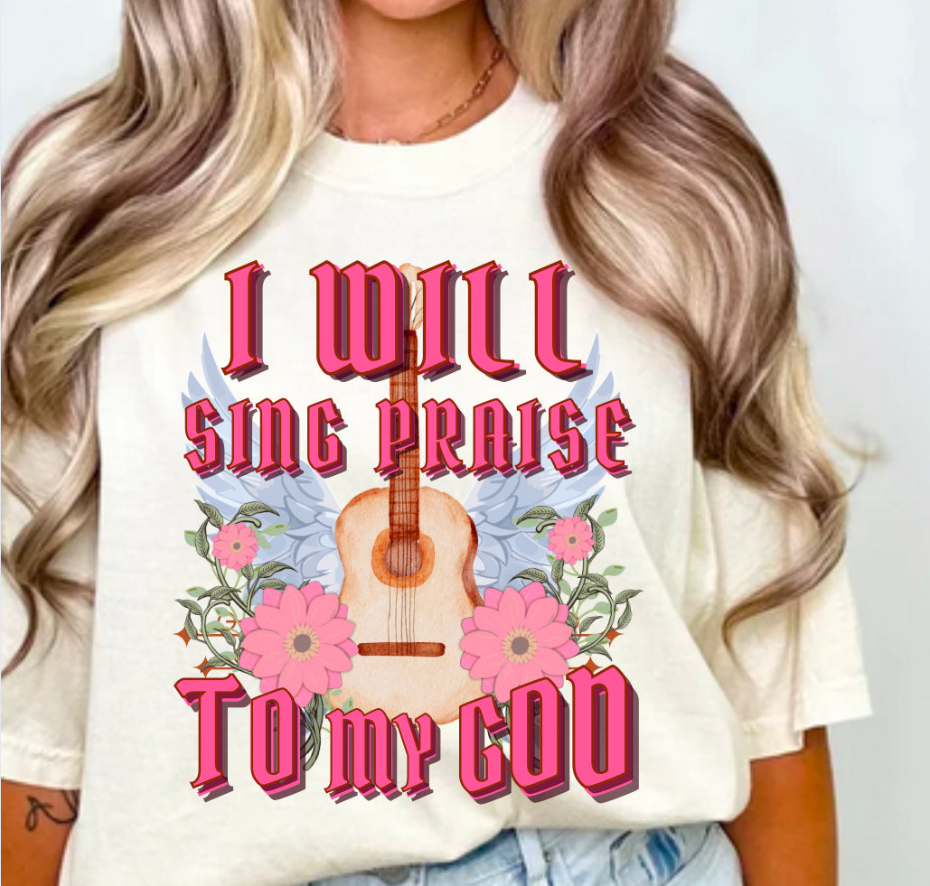 Ivory graphic T-shirt with guitar, flowers, and “I will sing praise” text
