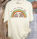 Cream T-shirt with rainbow arch graphic and text 'JESUS CHRIST'