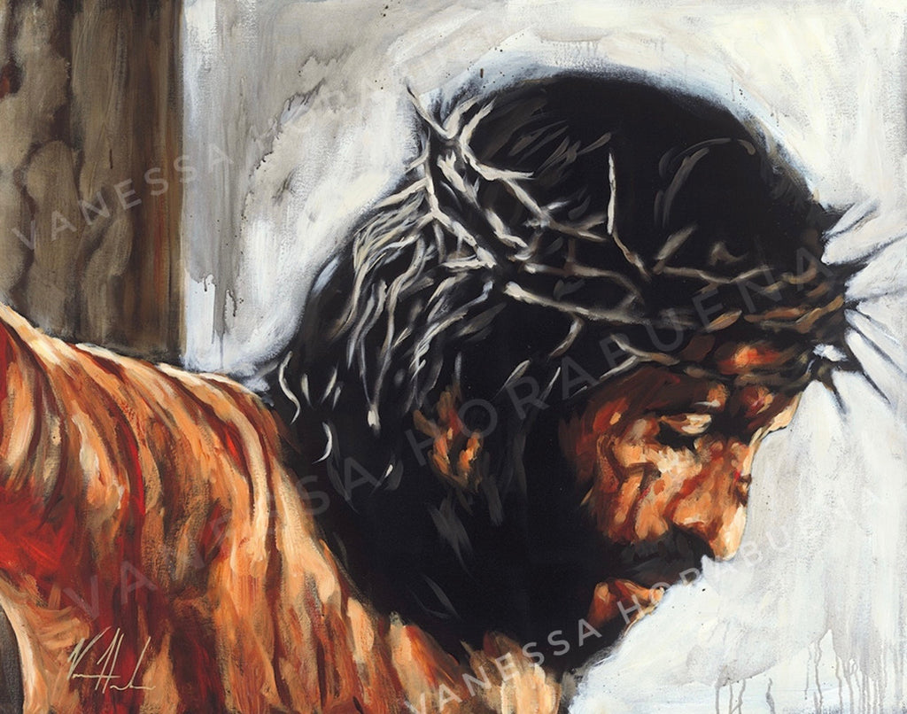 Close-up art print of a crowned man with red wounds, dark and white brushstrokes