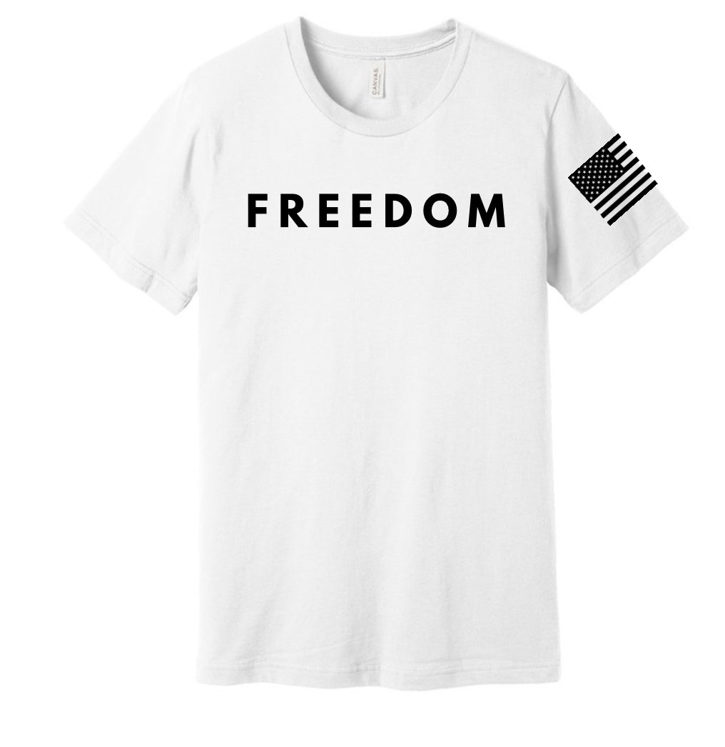 White short-sleeve T-shirt with Freedom text and U.S. flag sleeve patch