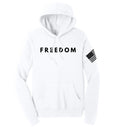 White long-sleeve hoodie with Freedom graphic and U.S. flag sleeve patch