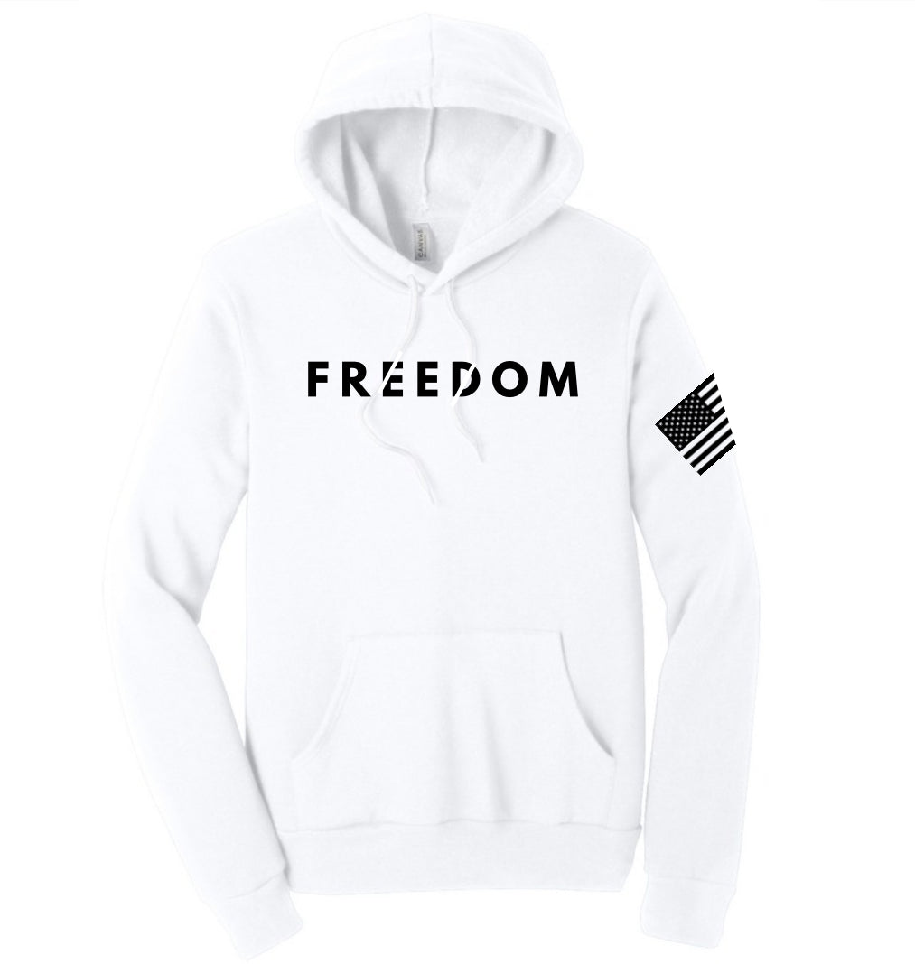 White long-sleeve hoodie with Freedom graphic and U.S. flag sleeve patch