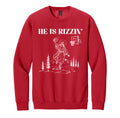 Red crewneck sweatshirt with white 'He is Rizzen'' graphic print