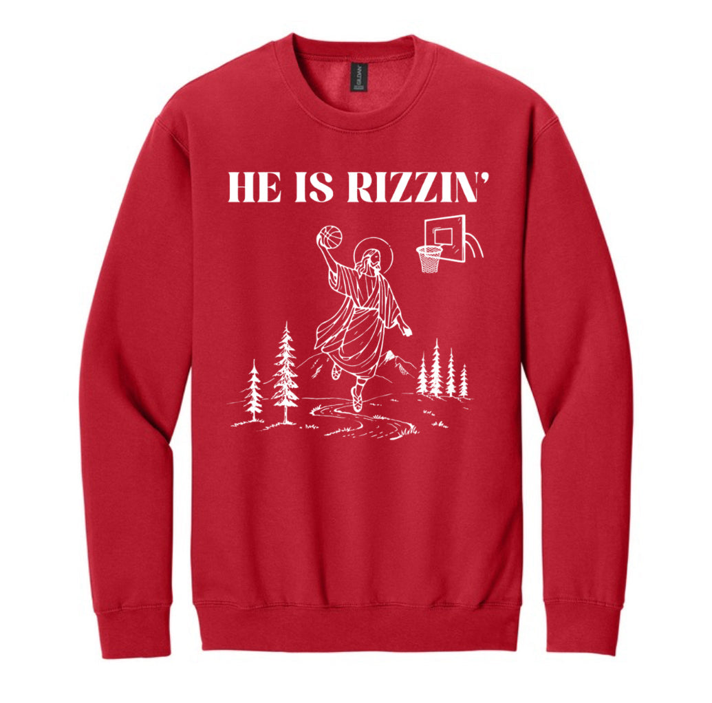 Red crewneck sweatshirt with white 'He is Rizzen'' graphic print