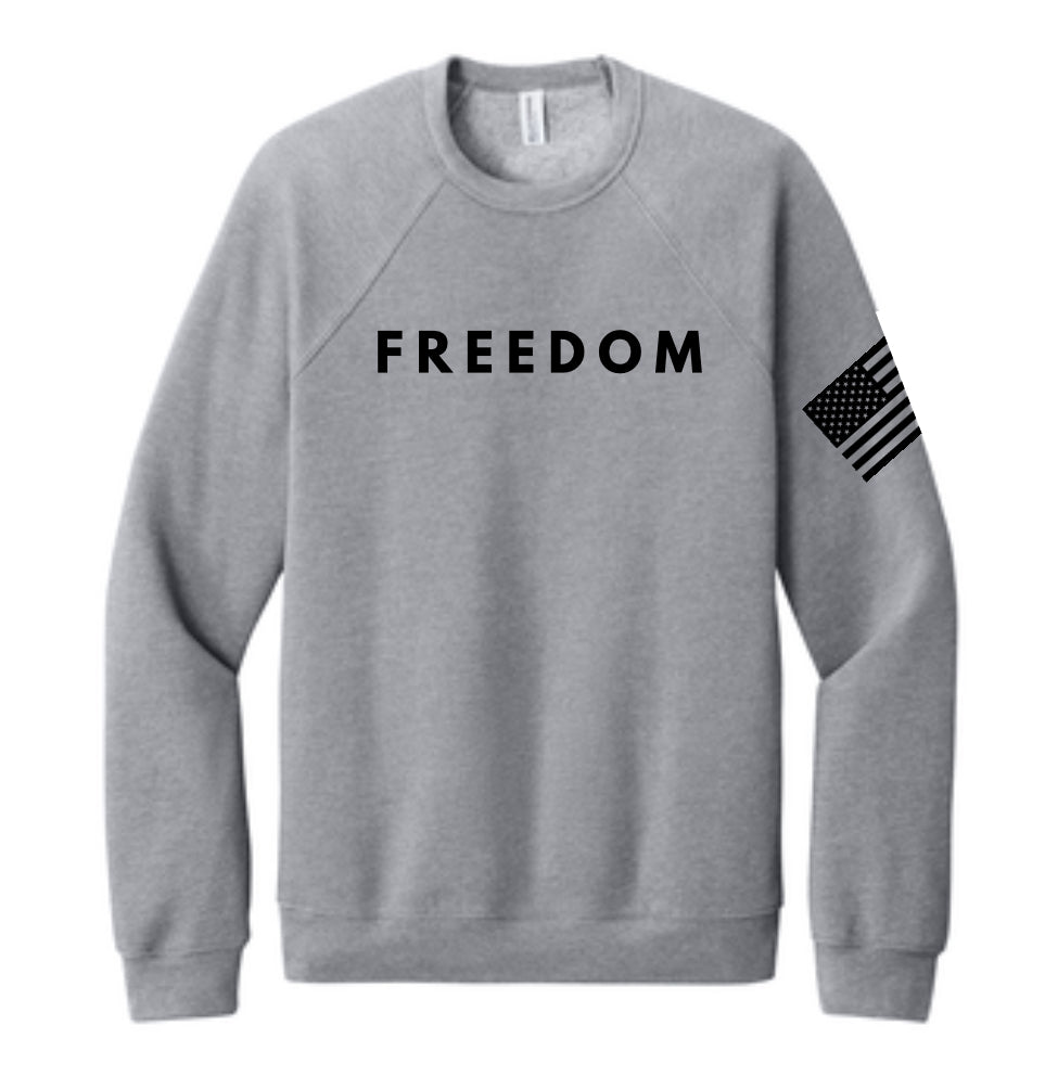 Gray crewneck sweatshirt with Freedom text and U.S. flag sleeve patch