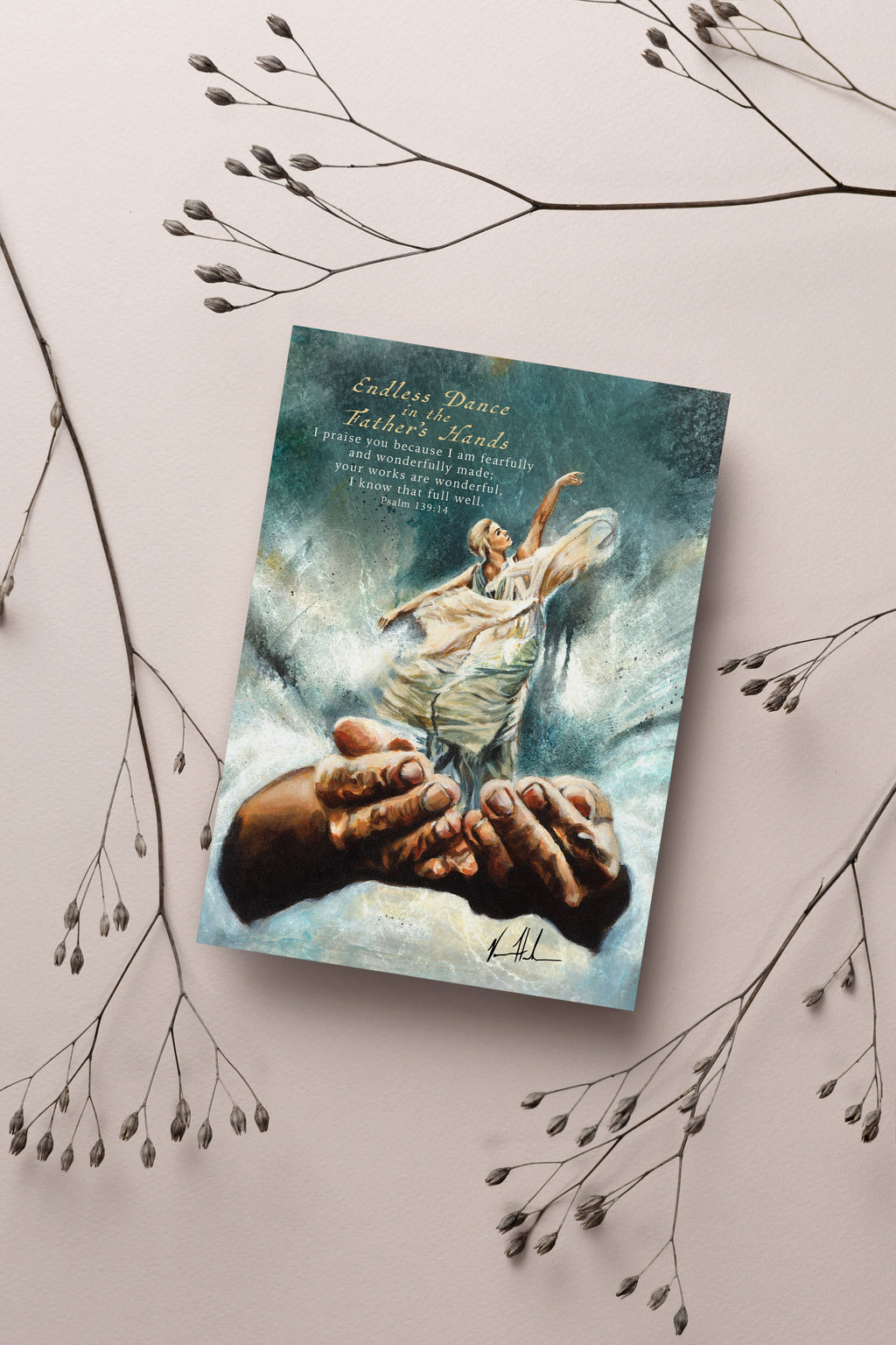 Teal greeting card featuring angel figure above hands illustration