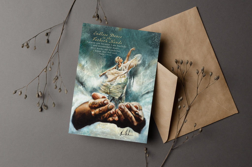 Greeting card with teal illustrated cover and kraft envelope