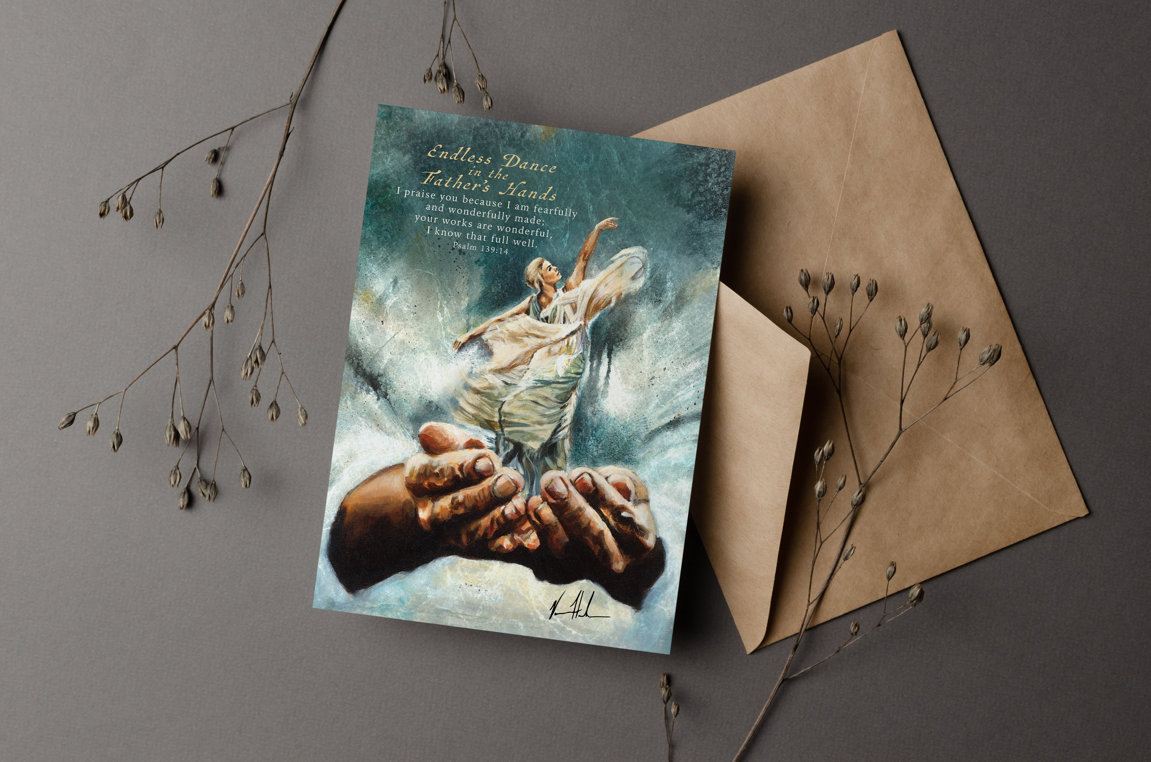 Greeting card with teal illustrated cover and kraft envelope