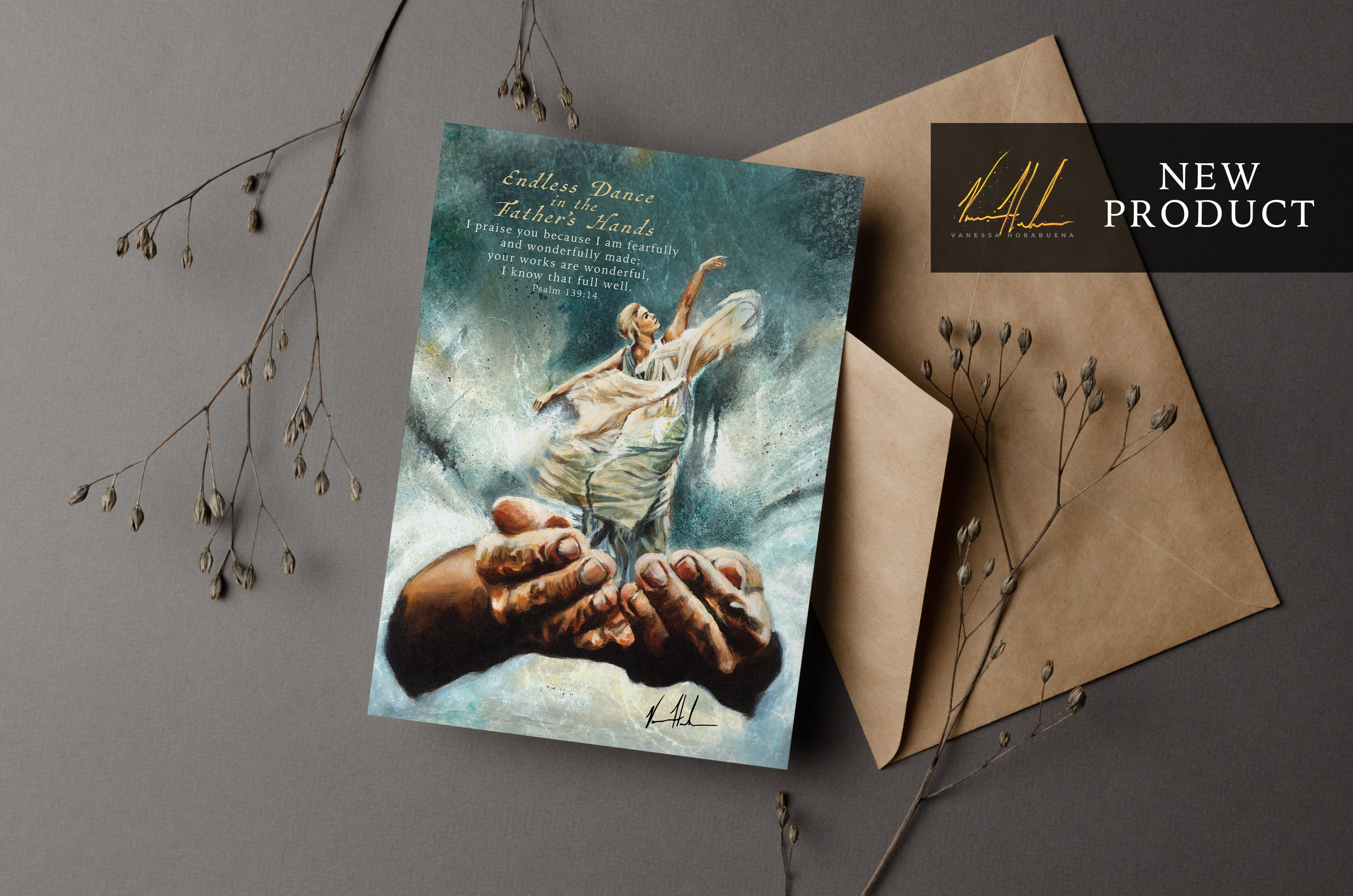 Greeting card with illustrated teal cover and matching kraft envelope