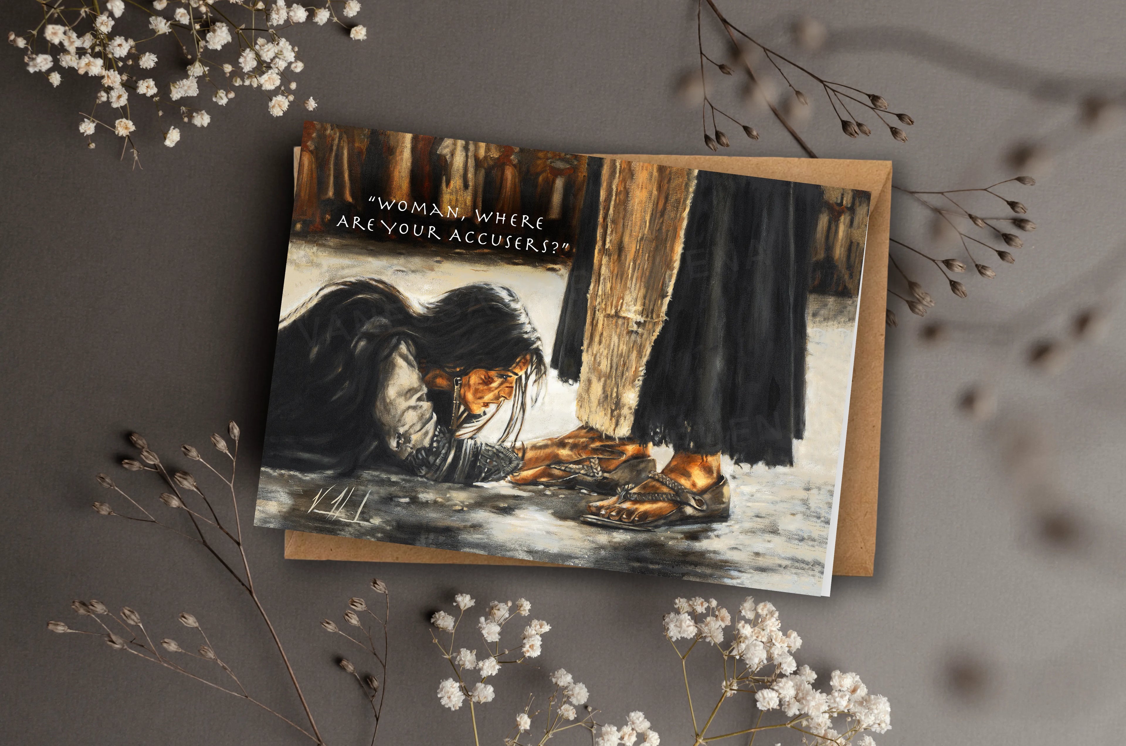 Greeting card with illustrated scene and text: "Woman, where are your accusers?"