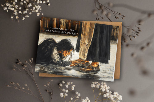 Greeting card with illustrated scene and text: "Woman, where are your accusers?"
