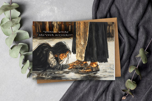 Greeting card front with illustrated woman by a fire and quote "Woman, where are your accusers?"